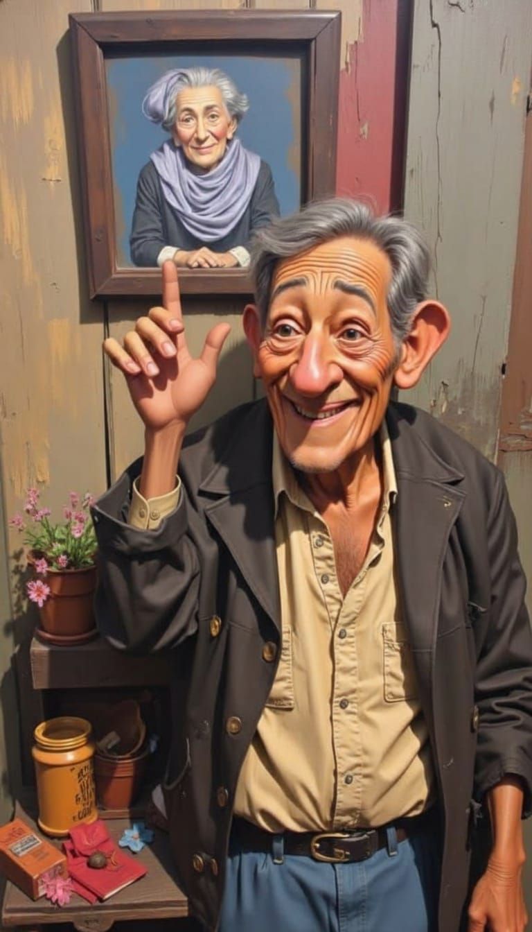 Granpappy, standing on the front porch of Granny's ramshackle she-shed, waving good bye. 
Quirky. Magical. primitivism. 
3d effect.
Detailed...