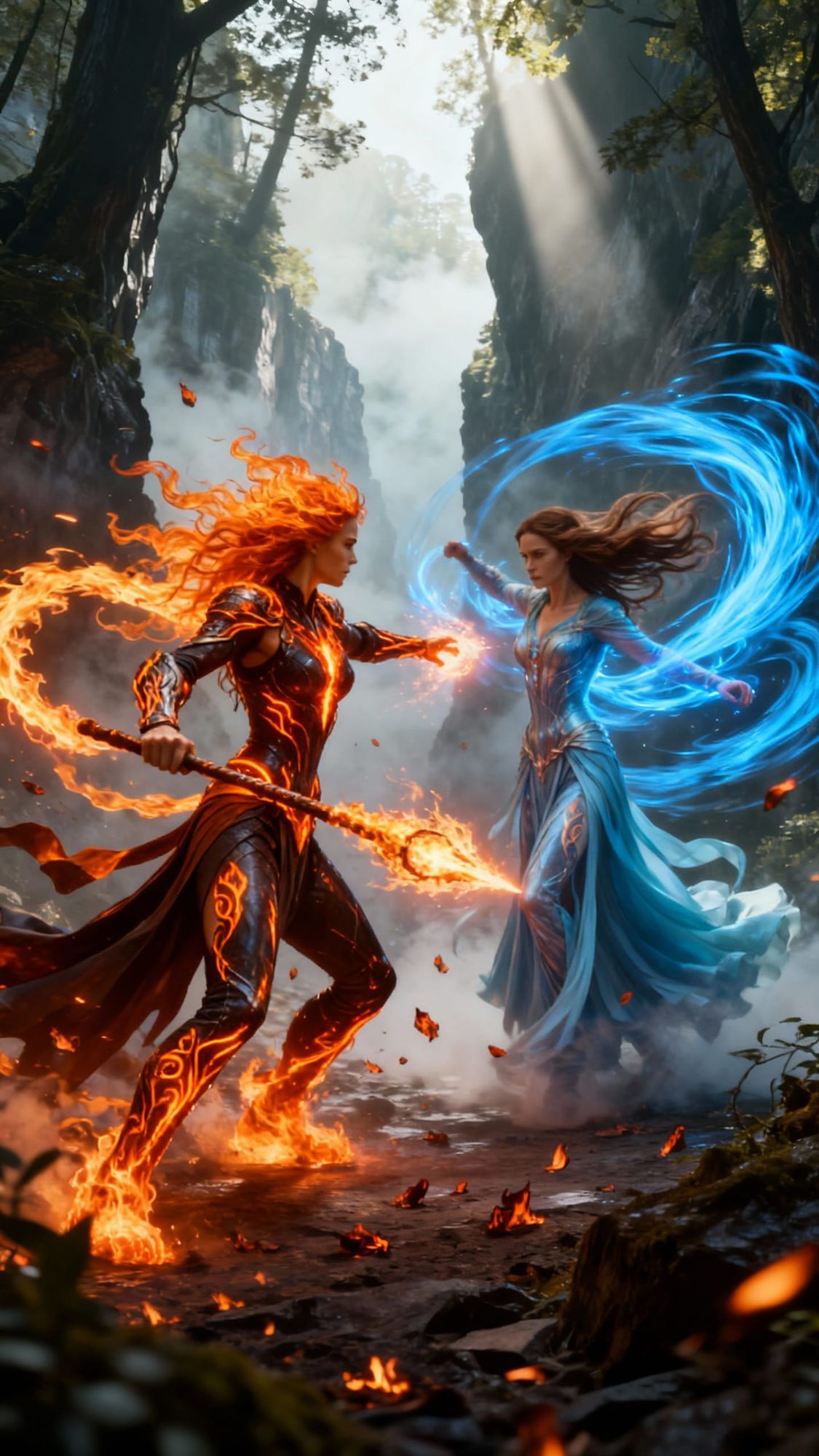 Mythic Confrontation Between Elemental Forces of Fire and Wind