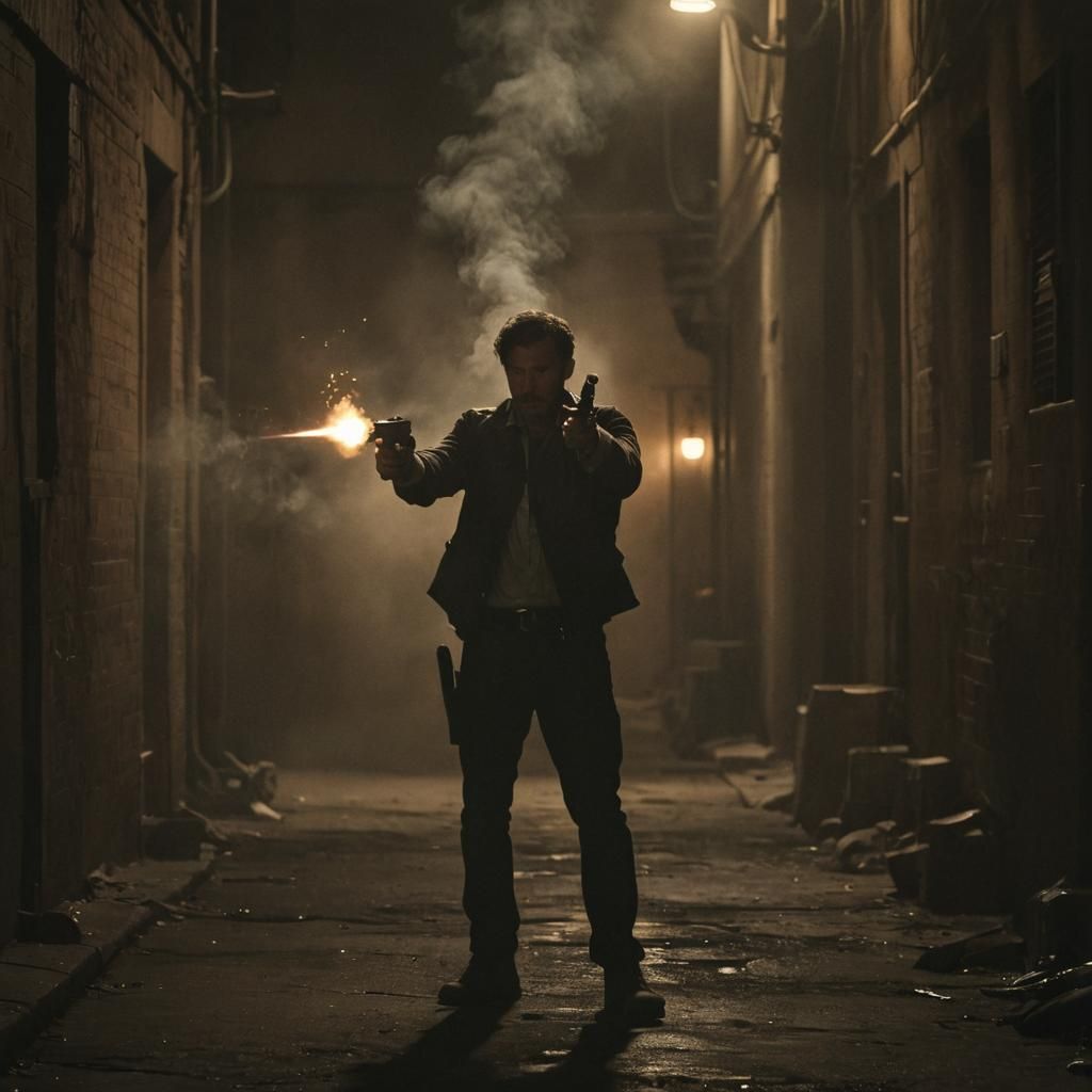 Man with Gun in Smoky Alleyway