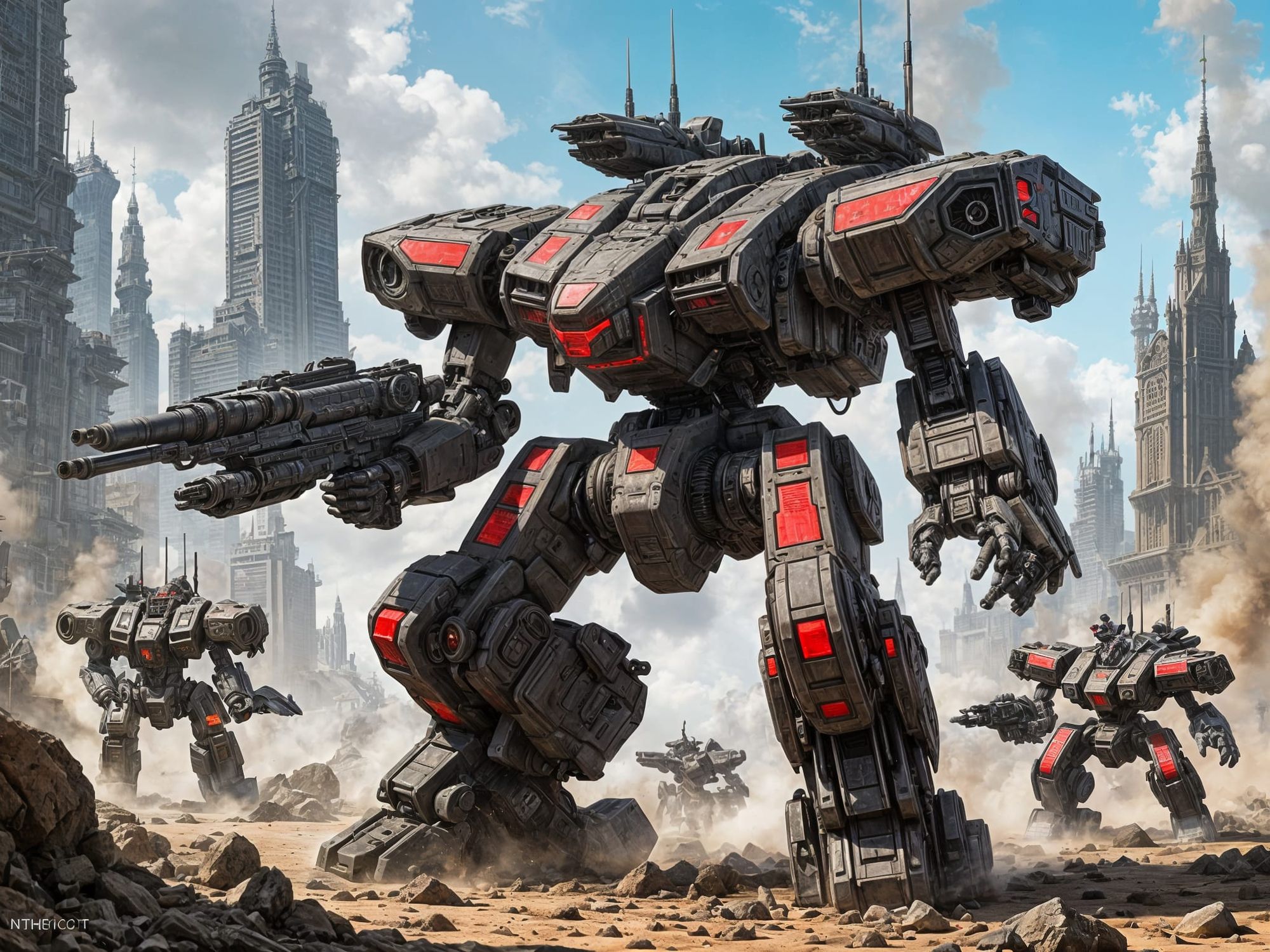 A Wolf's Dragoons Assault mech, in combat in an urban environment. 