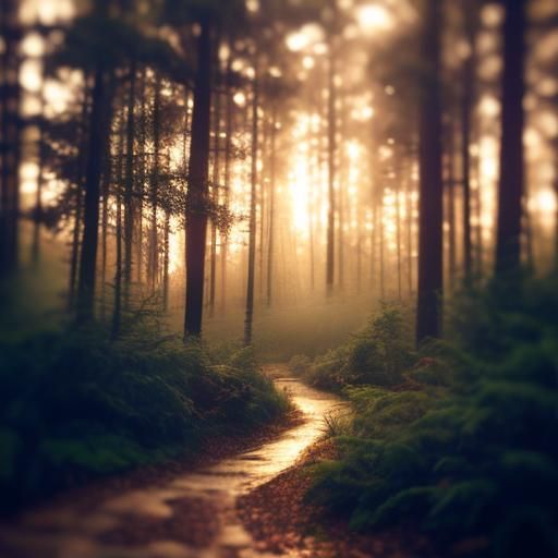 Impressionist Landscape Painting with Forest Path and Lake