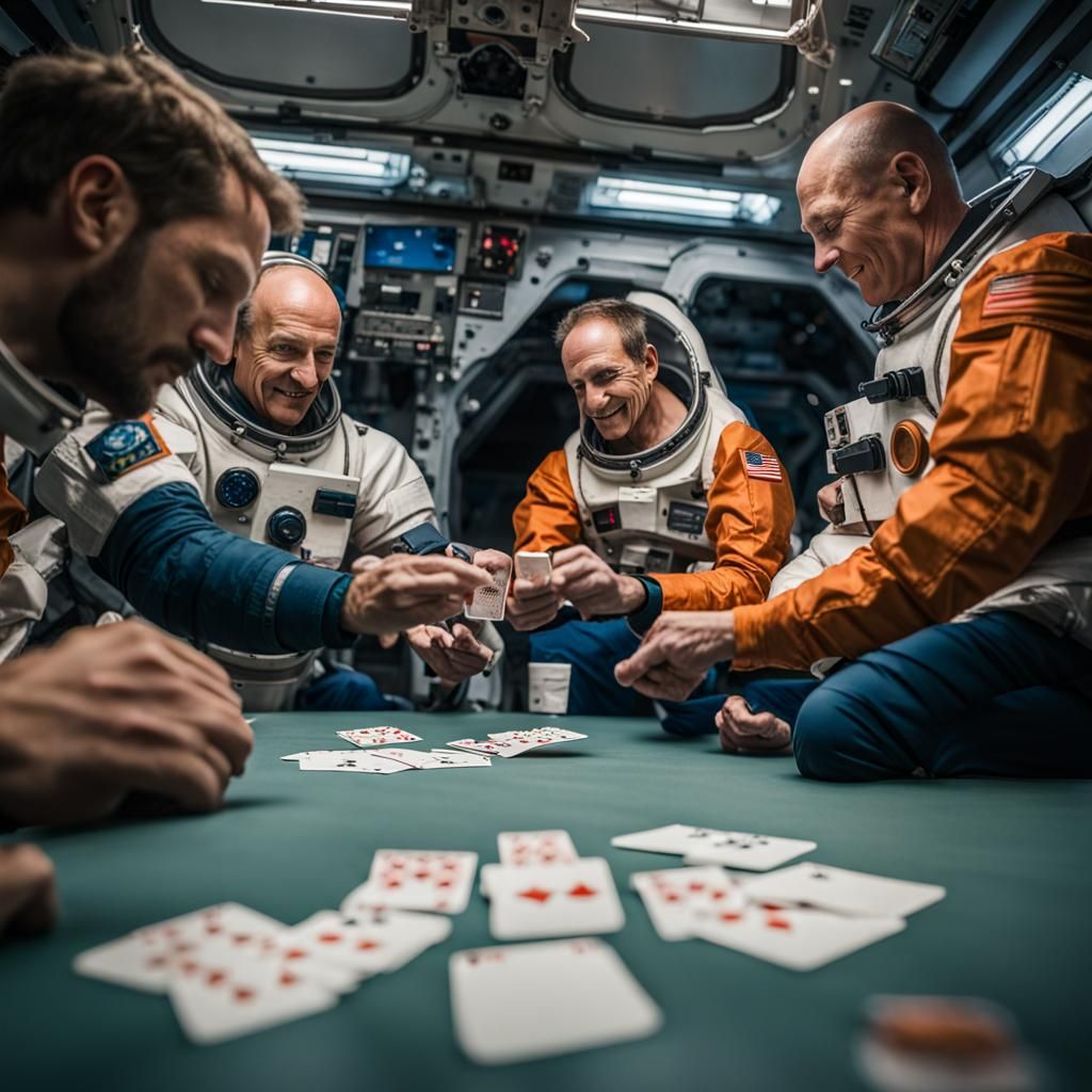 playing a game of cards in zero gravity on a space station Professional photography, bokeh, natural lighting, ...  by @David