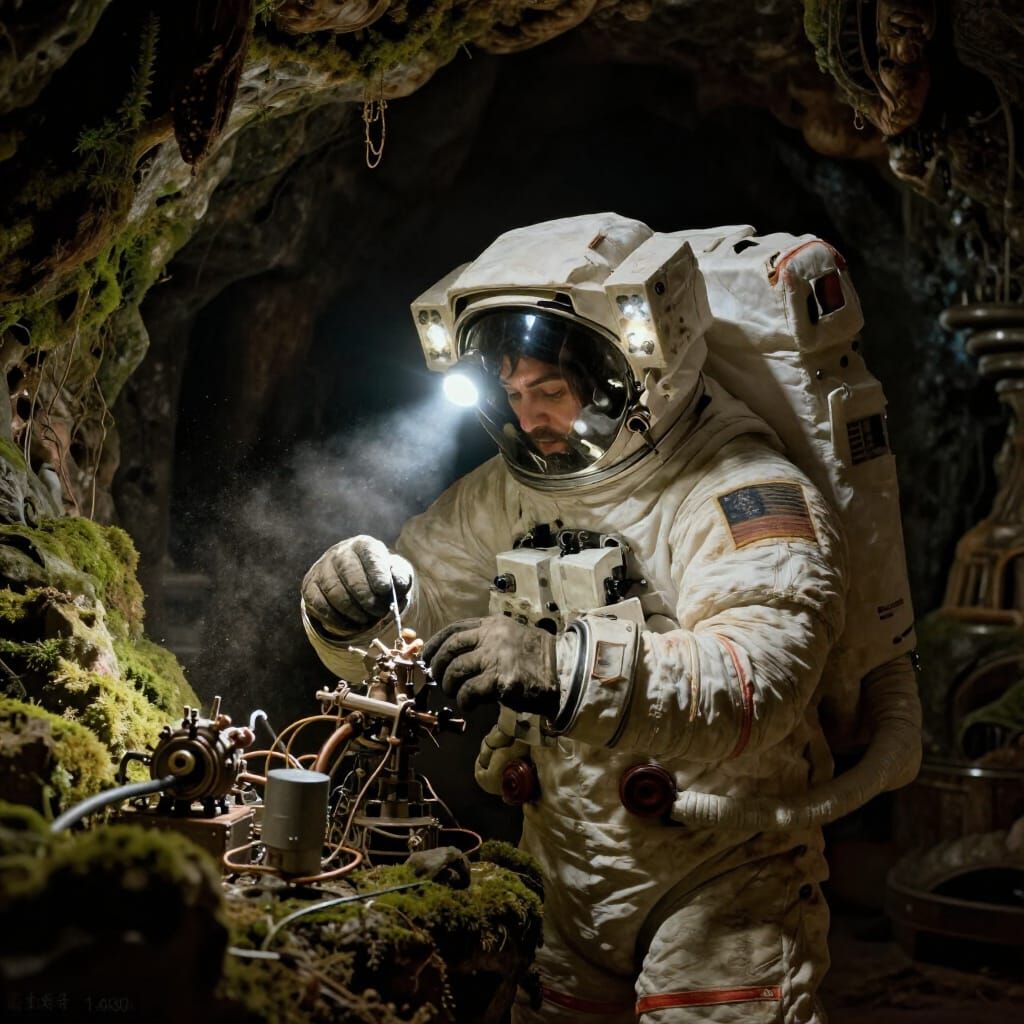 A lone astronaut, clad in a worn, practical spacesuit, is meticulously repairing a delicate piece of ...  by @Ivaylo Zhivkov