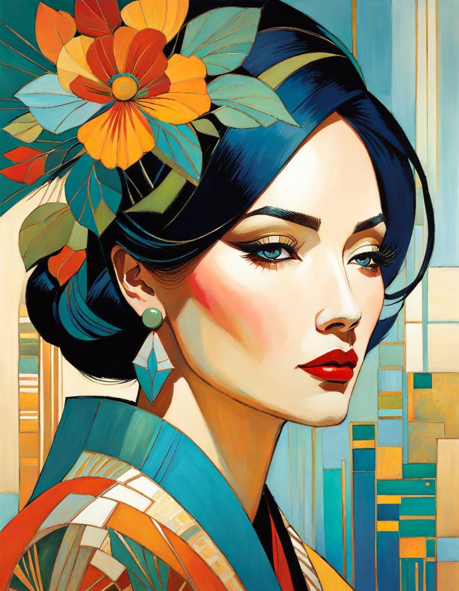 portrait ELEGANT FEMALE singer FLOWERS TRIADIC COLORS Art Deco Hopi Patchwork oil pastels impressionism ...  by @JavilWoo
