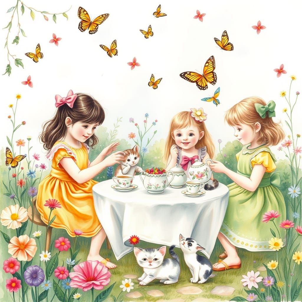 Whimsical Garden Tea Party Watercolor Illustration