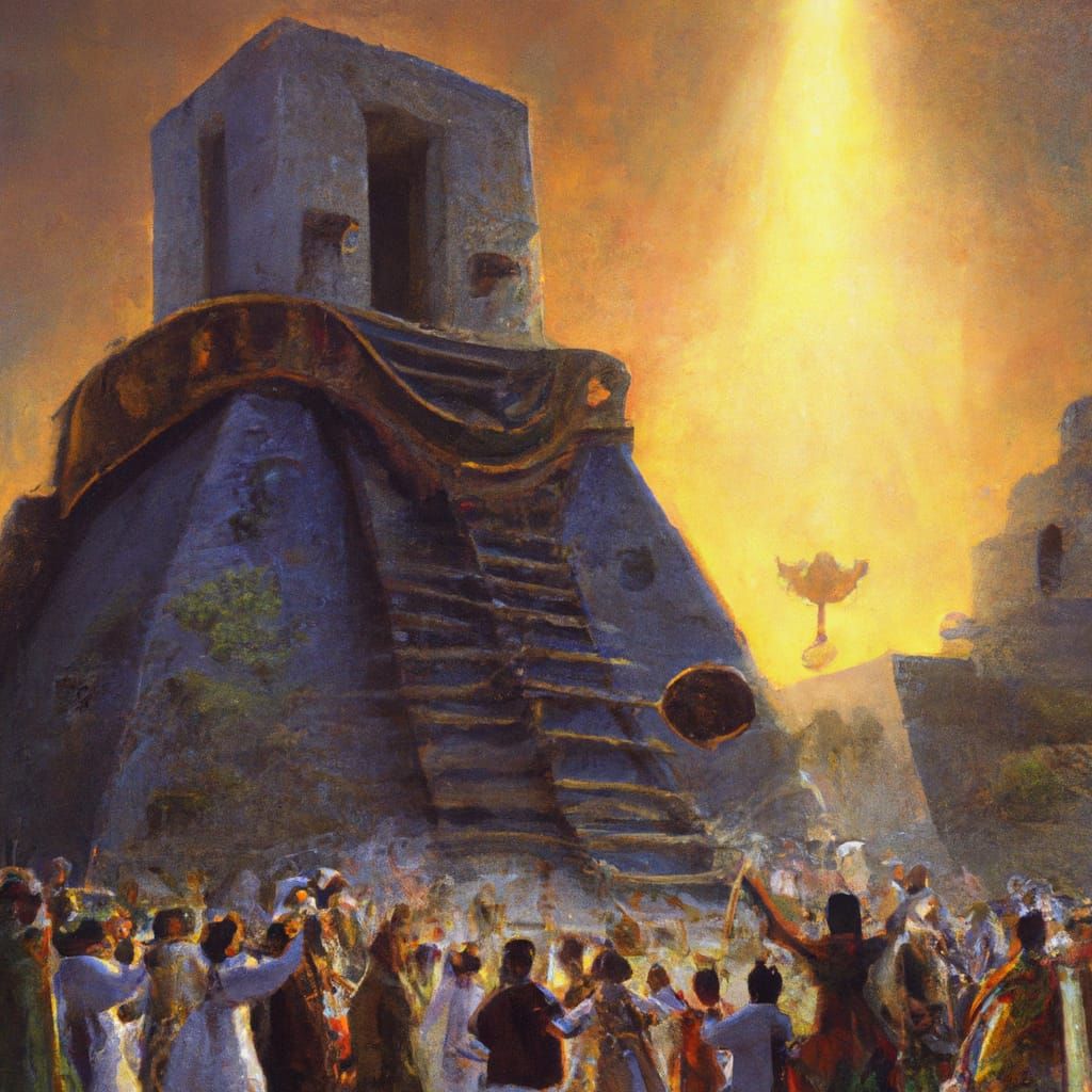 mayan temple full of mayan worshippers observe an alien spac...