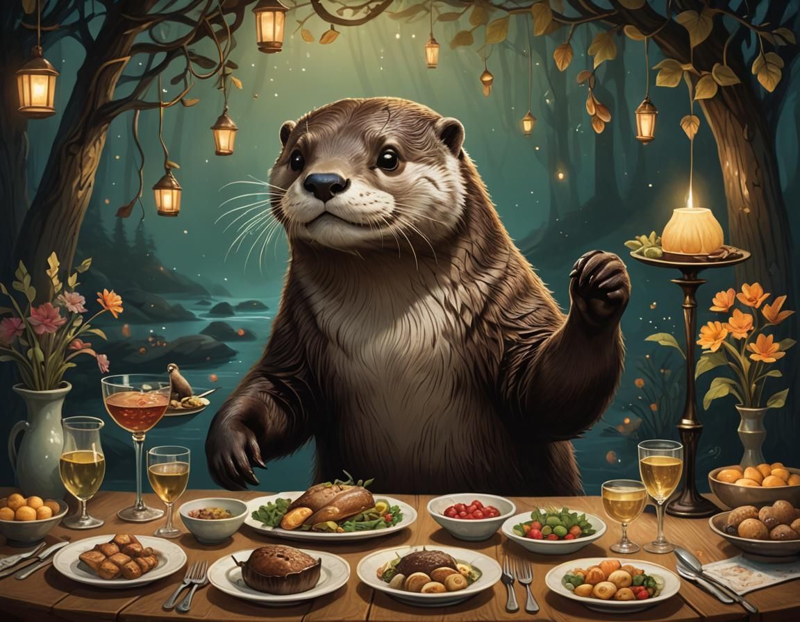 an adorable and beautiful otter, smiling, serving the table ...