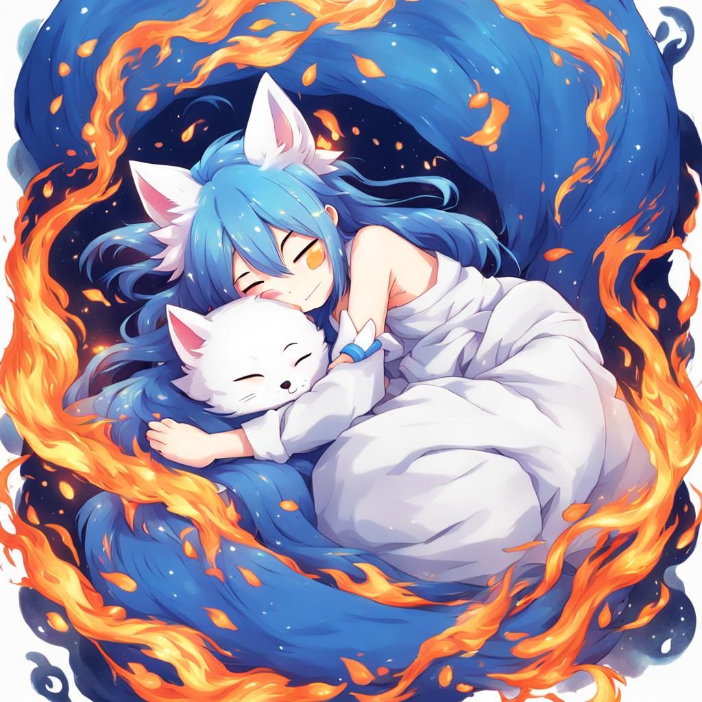 Adorable kitsune curled up napping around blue flame