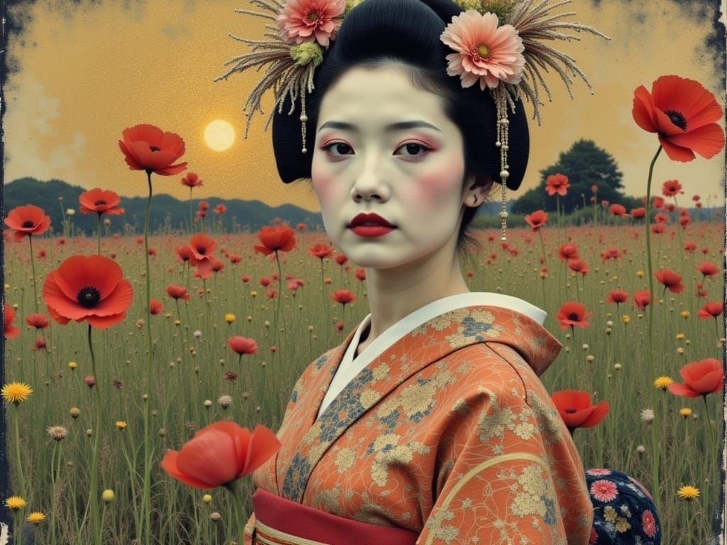 Atmosphere in flux, sunset, Japanese Geisha Impressionistic soft focus painting style Adele Bloch-Bauer Golden woman Gustav Klimt ecstatic s...