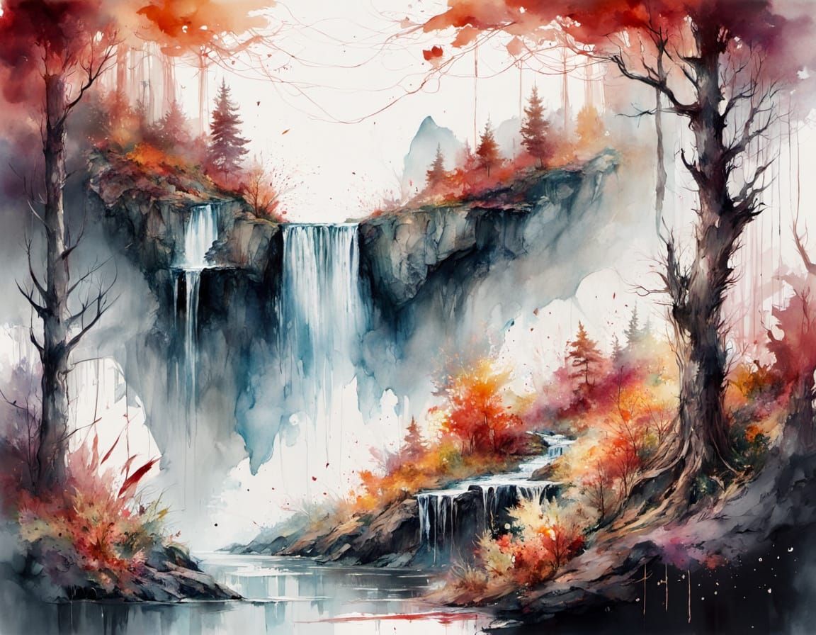 Hidden waterfall tumbles through a dense autumn forest  