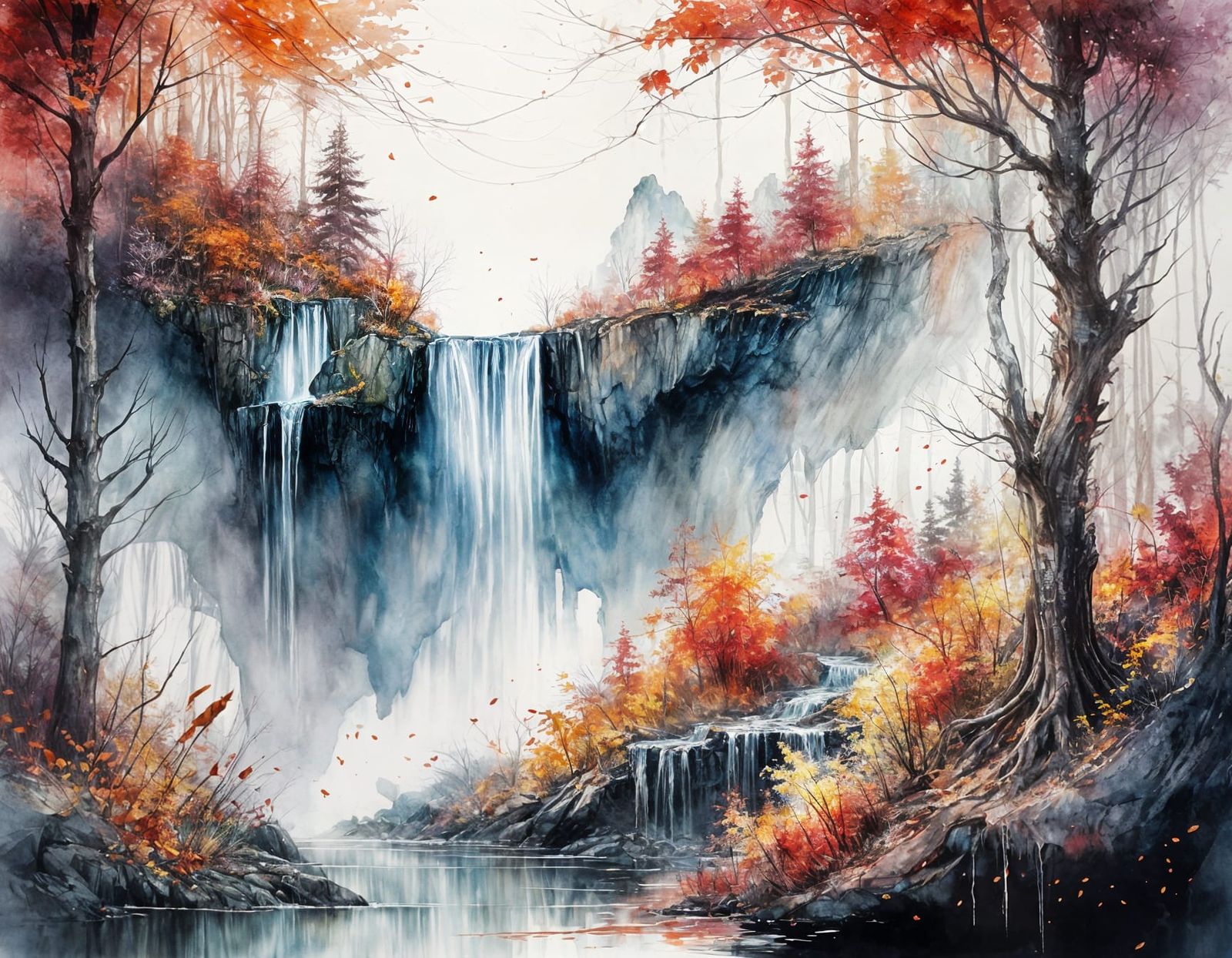 Hidden waterfall tumbles through a dense autumn forest   by @Dreamer in Hell