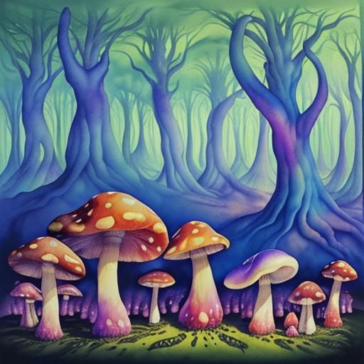 Psychedelic giant mushrooms in an enchanted forest)/ fantastic strange ...