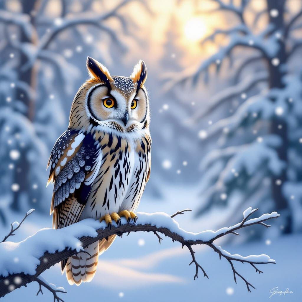 Wise Owl in Serene Winter Forest Digital Painting