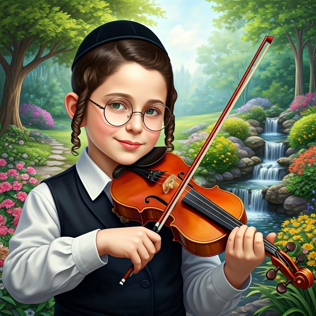 Serene Hasidic Boy Plays Violin in Peaceful Landscape