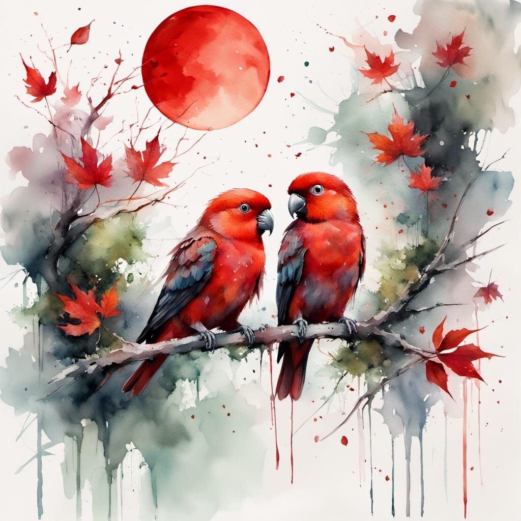 Watercolor painting, red lovebirds resting on a mossy tree branch