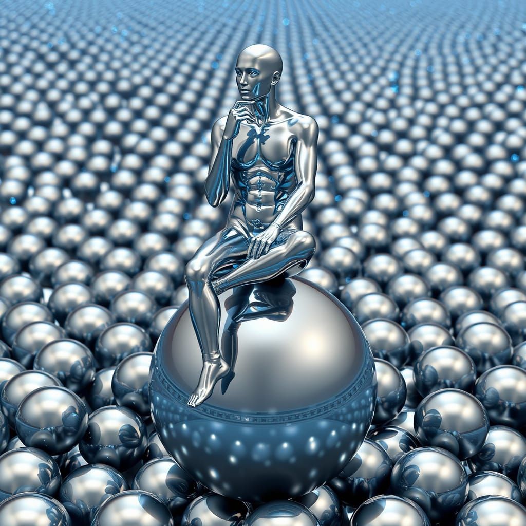 accentuated silver centered human figure thinking with hand on chin sitting atop of levitating gray metal ...  by @David Myers