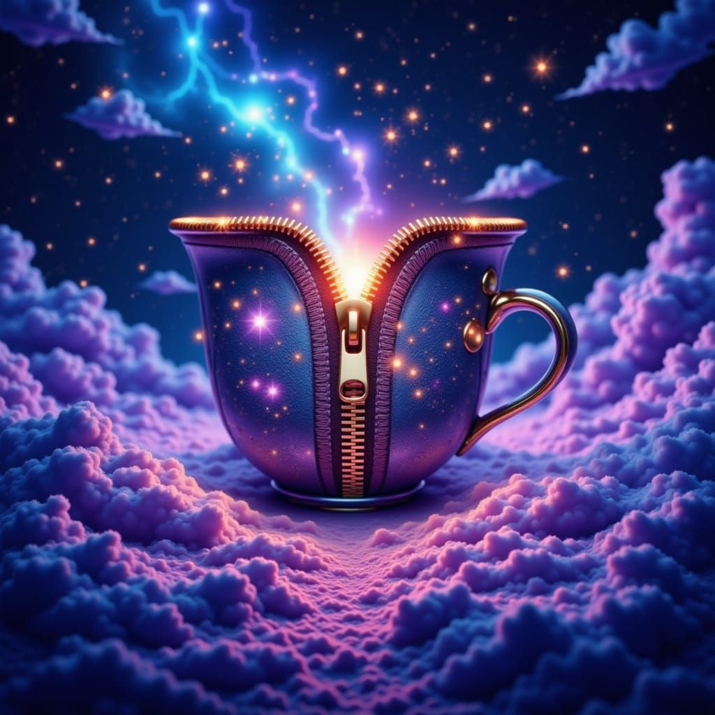 A single, vibrant teacup levitates amidst a swirling galaxy of indigo and violet nebulas. The cup is adorned with intricate, glowing zipper ...