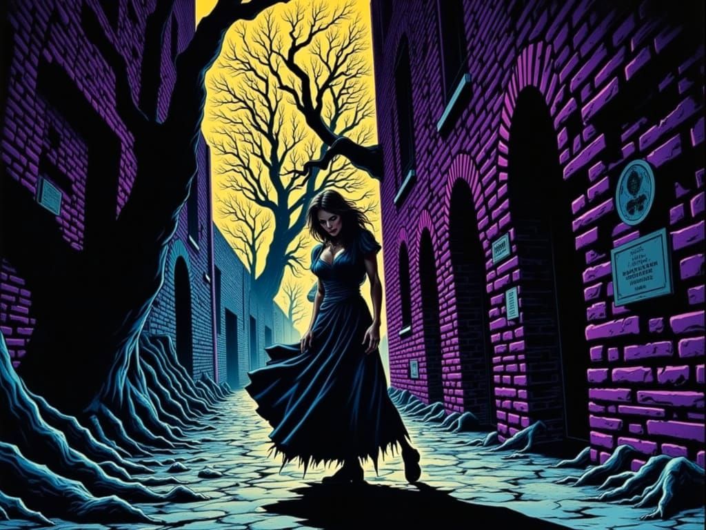 Eerie comic book-inspired scene, dark and moody, in the style of Bernie Wrightson, Frank Frazetta, and EC Comics, with bold lines, vibrant c...