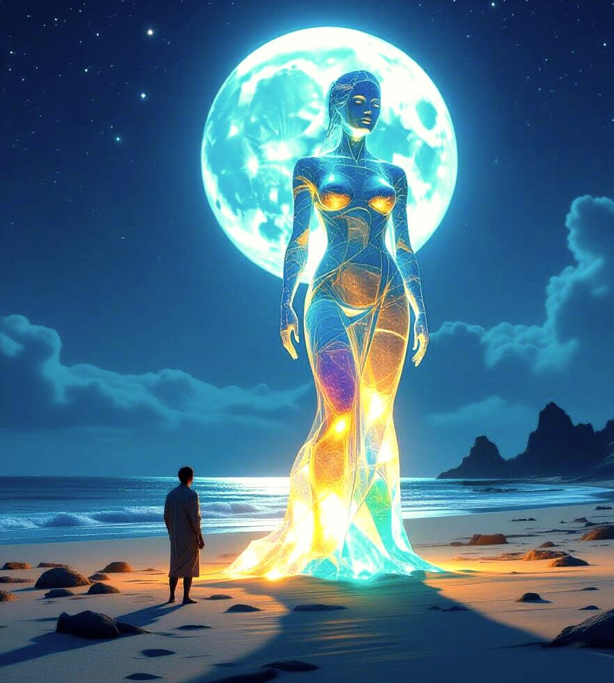 Weird surrealism and Magic hyper realism. Medium shot. A solitary shipwreaked sailor discovers a colossal, crystalline glowing feminine huma...