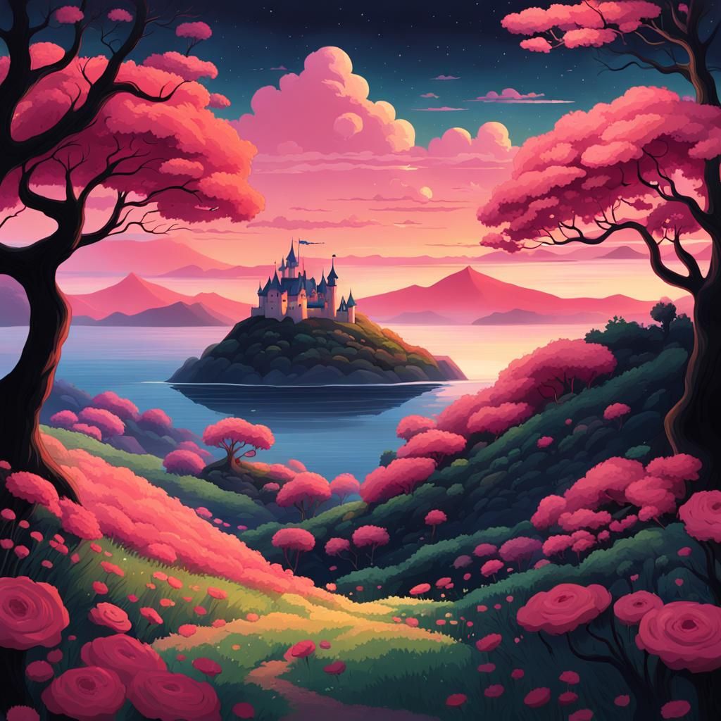 "Illustration d'un paysage onirique d'une île avec des coule...