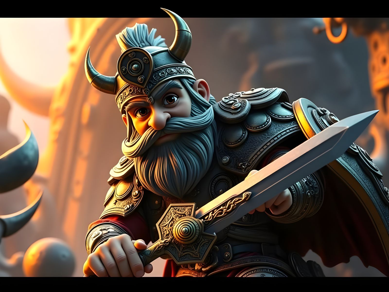 Whimsical Vibrant CGI cartoon Viking, dressed for battle, holding a sword, with intricate textures and lighting, inspired by the stylized re...