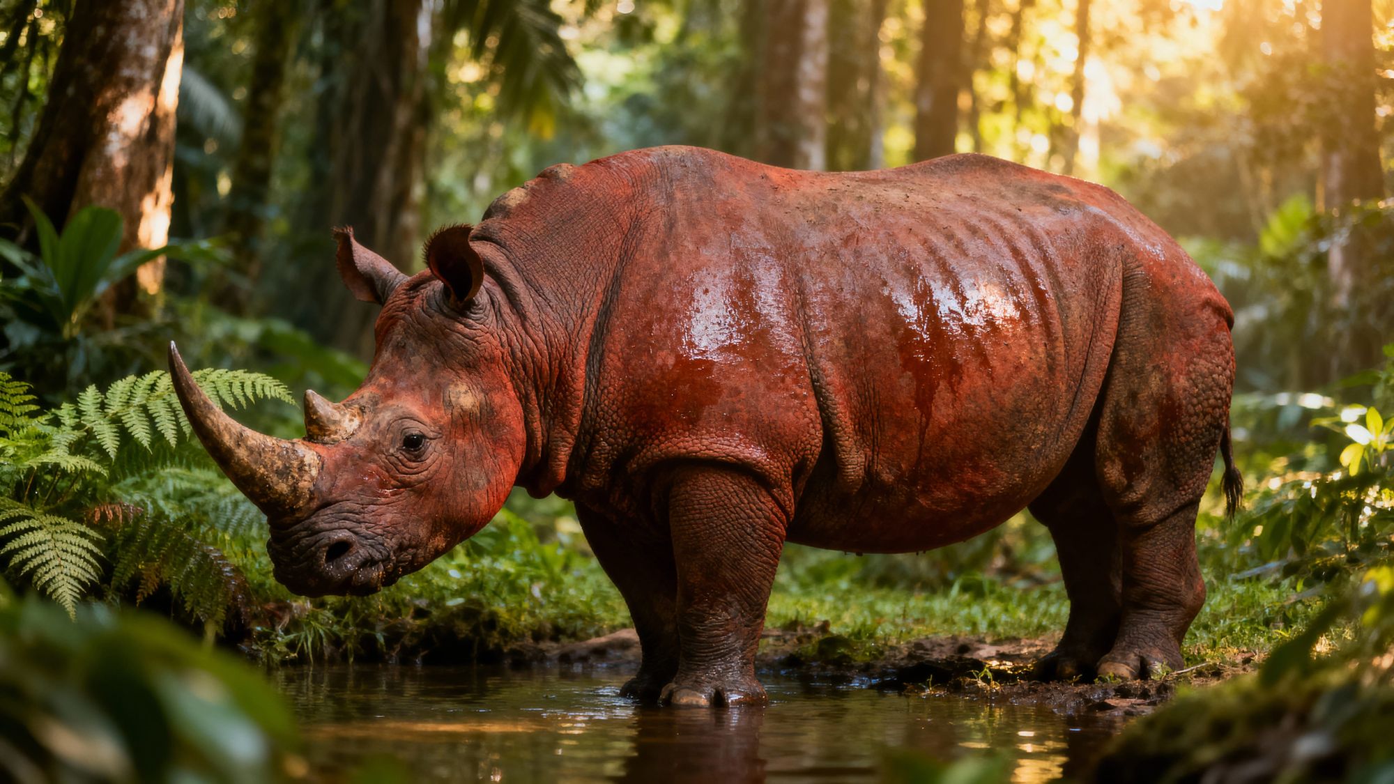 Create a highly realistic image of a Sumatran rhinoceros (Dicerorhinus sumatraensis) that accurately reflects its unique characteristics. Th...