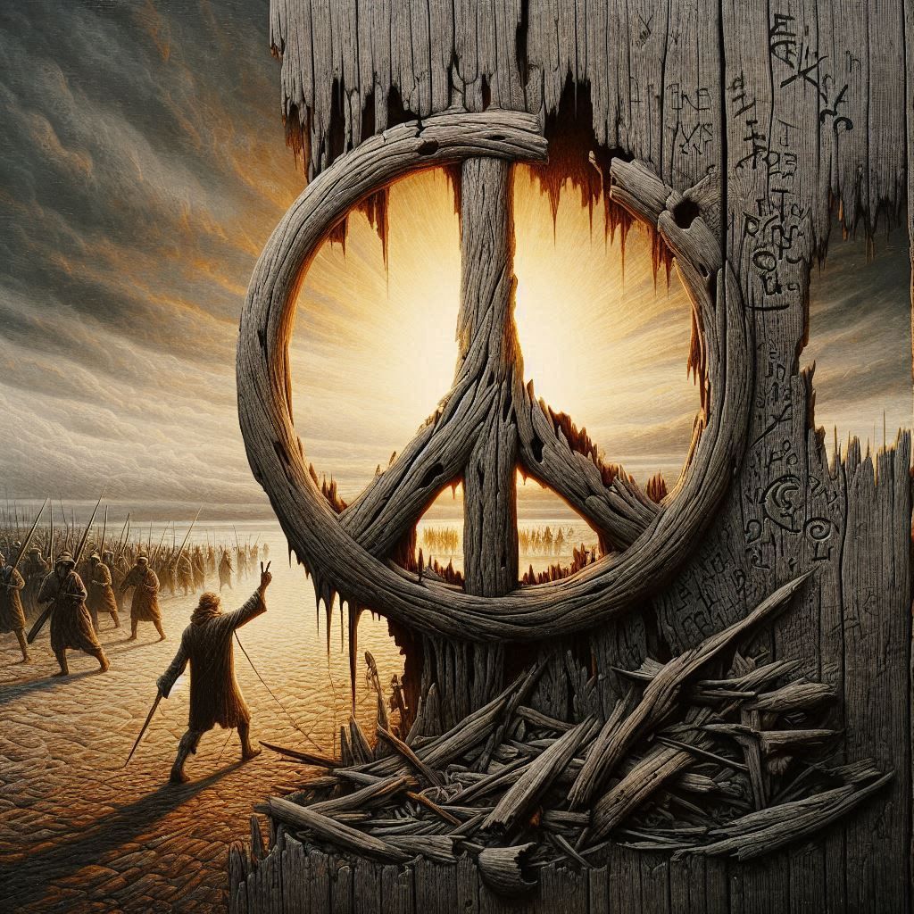 In the flicker of a faded peace sign. Scrawled on wood, a symbol left behind. A sign of hope, now bent and scarred, In a...