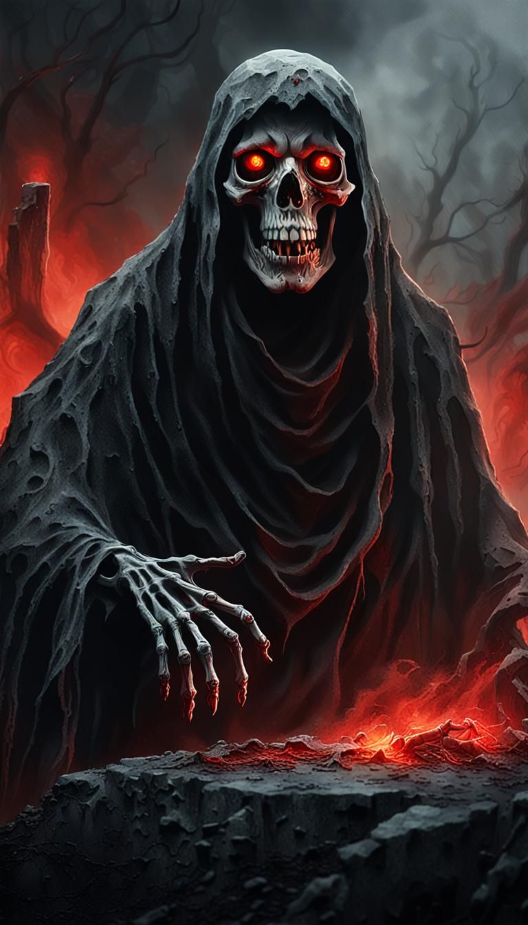 Craft a terrifying ghost portrait in a decrepit, moonlit graveyard. The ghost should be a ghastly, skeletal apparition with glowing red eyes...