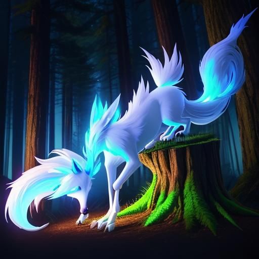 White 9 tailed fox with a glowing green and blue aura in a red wood ...