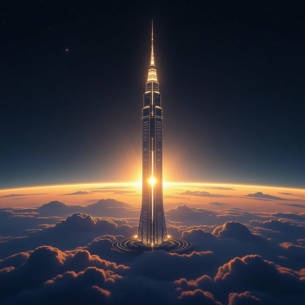 "Futuristic space elevator rising from Earth into orbit, sci-fi 8K"
