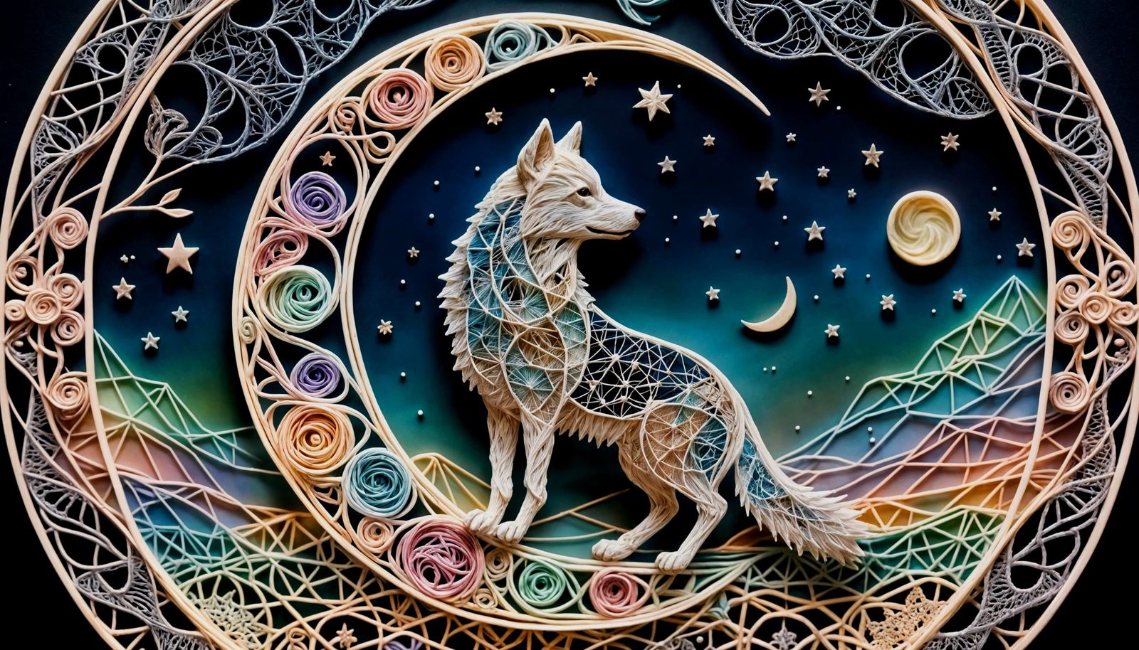 The Wolf and the Moon in pastel string art  by @Fiona Etkin 1974 