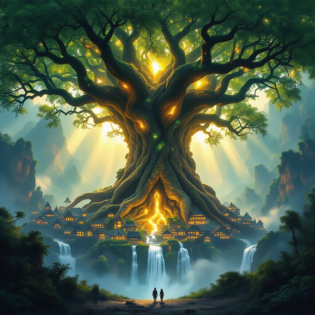 colossal ancient tree with glowing roots wrapping around entire villages, waterfalls cascading from its ...  by @Tiger princess 