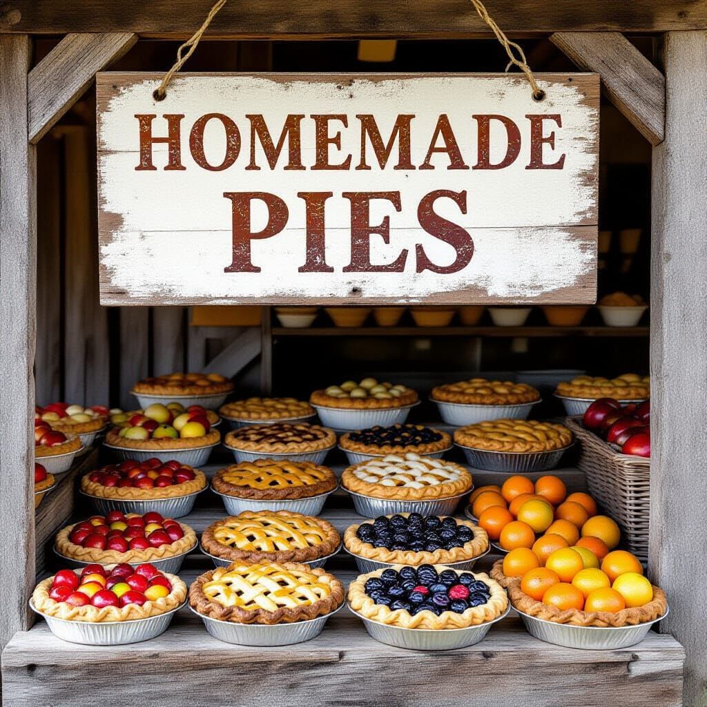 A rustic farmstand with rustic sign "Homemade Pies" and various fruit pies displayed.  by @Charleen