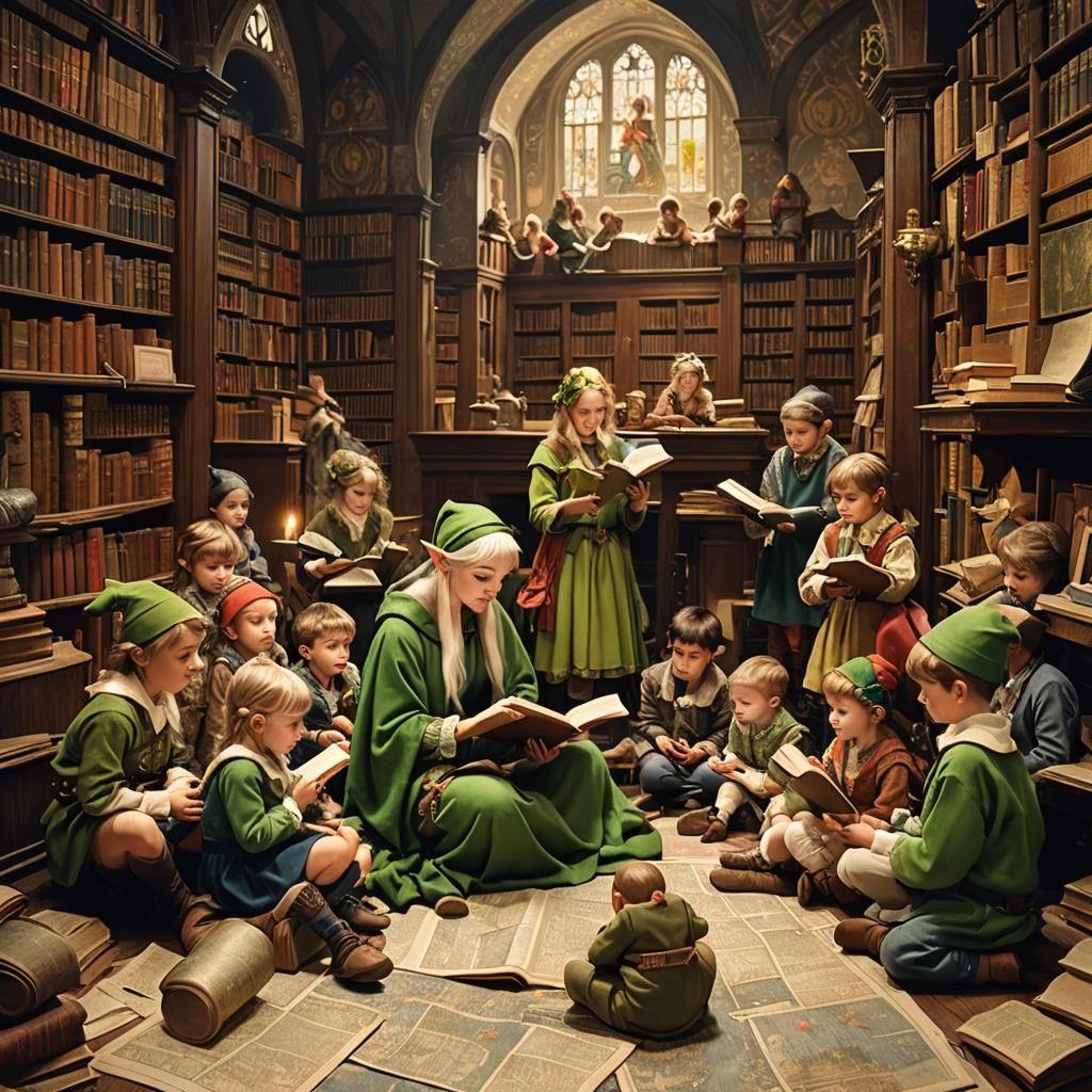 several tiny elves and fairies gathered around a grown woman...