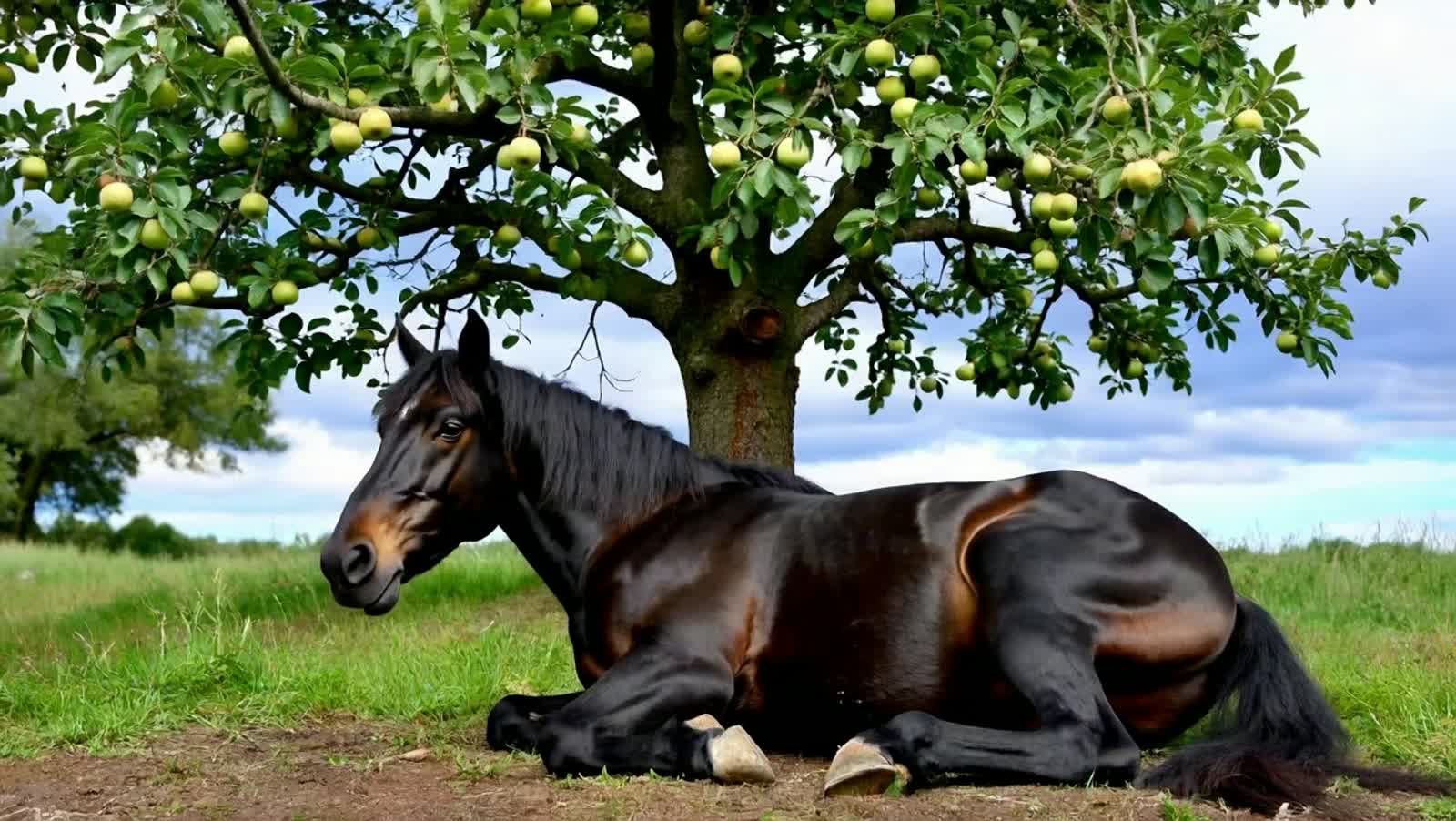 a black horse sleeping by apple trees with a cloudy blue sky