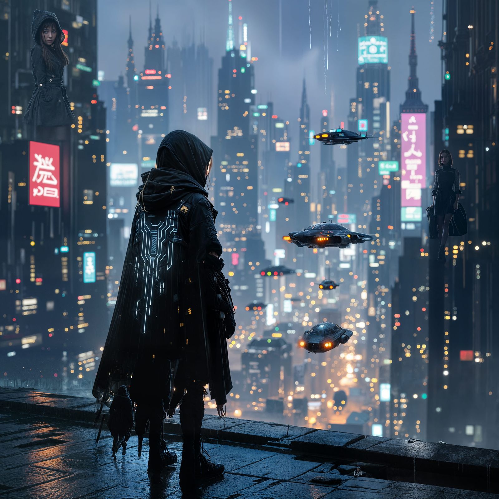 Cyberpunk Hacker Overlooks Neon Metropolis in Rain