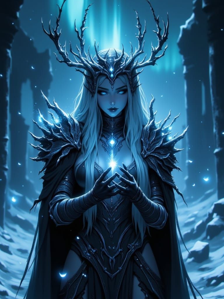 A regal, darkly divine figure standing in the ruins of a frozen court. Vaelen has pale, cold-toned skin that glows faintly with frost beneat...