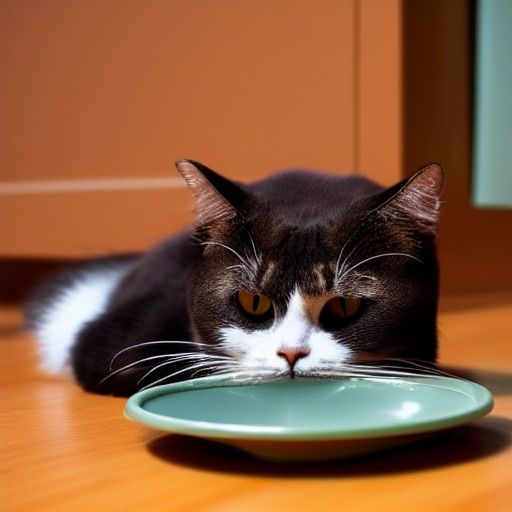 A sad cat sitting next to an empty food dish