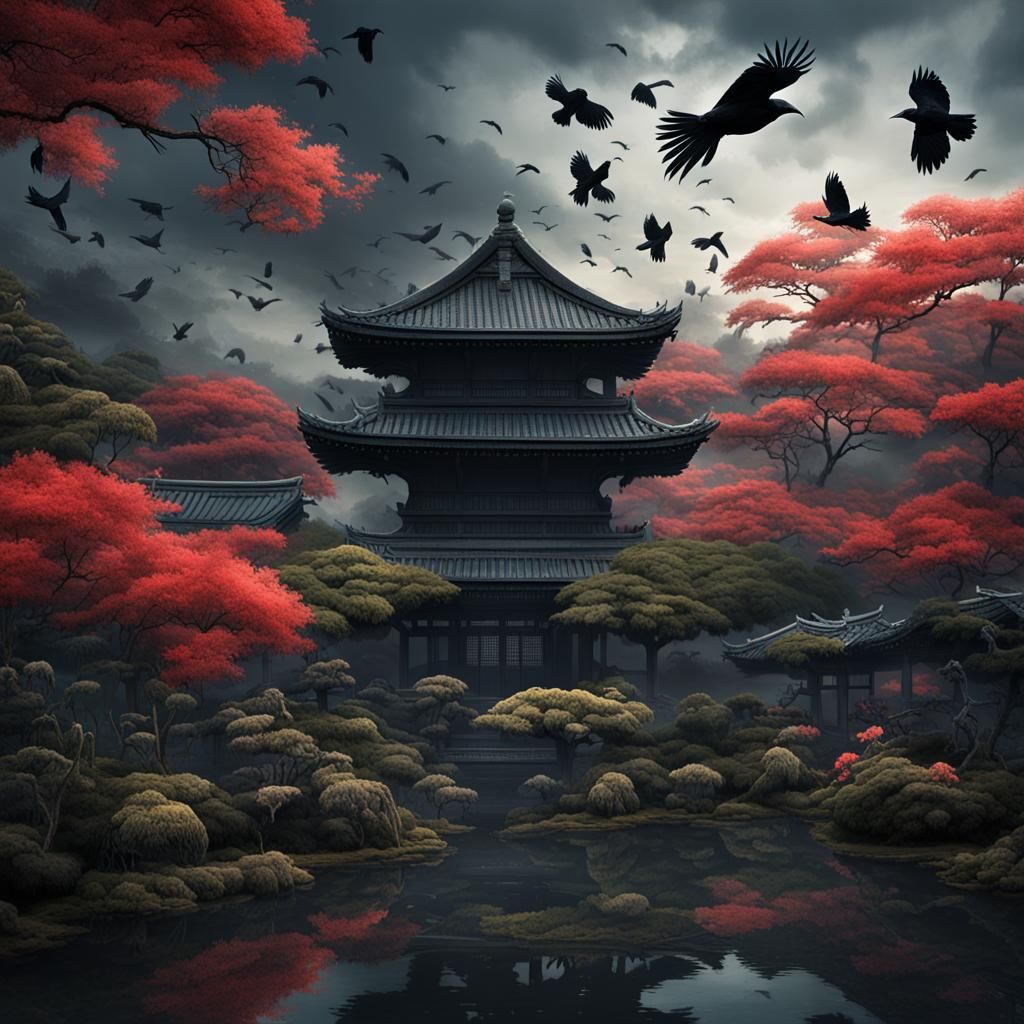 A murder of crows in a Japanese-style garden