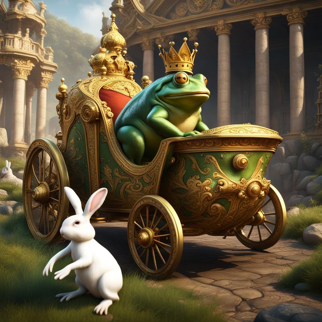 A big green frog dressed as a regal king sat in his golden c...