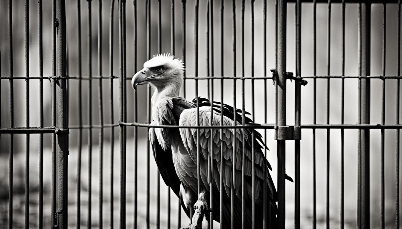 griffon vulture perched behind jail bars