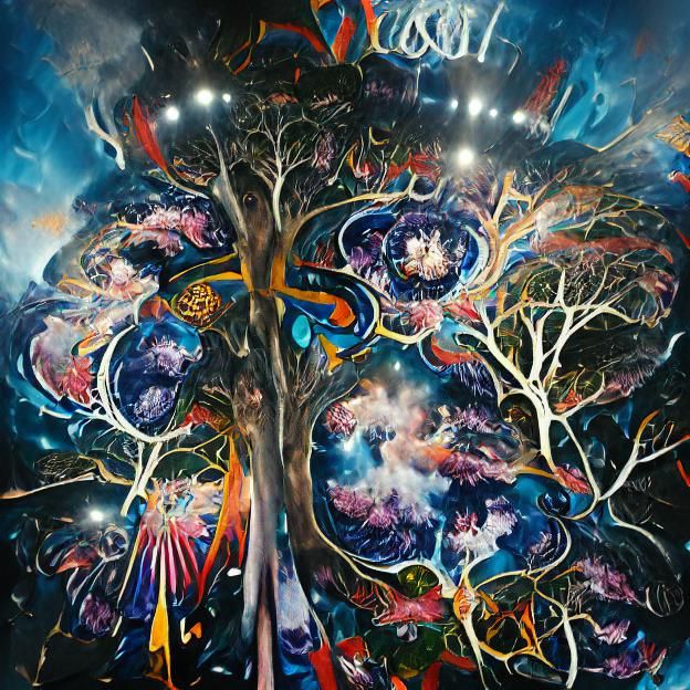 Immense and Wonderous Ash Tree Yggdrasil, All Cosmos Extends from Its Branches. Joseph Stella, Colorful, Detailed Painting, Oil on Canvas, Maximalist.