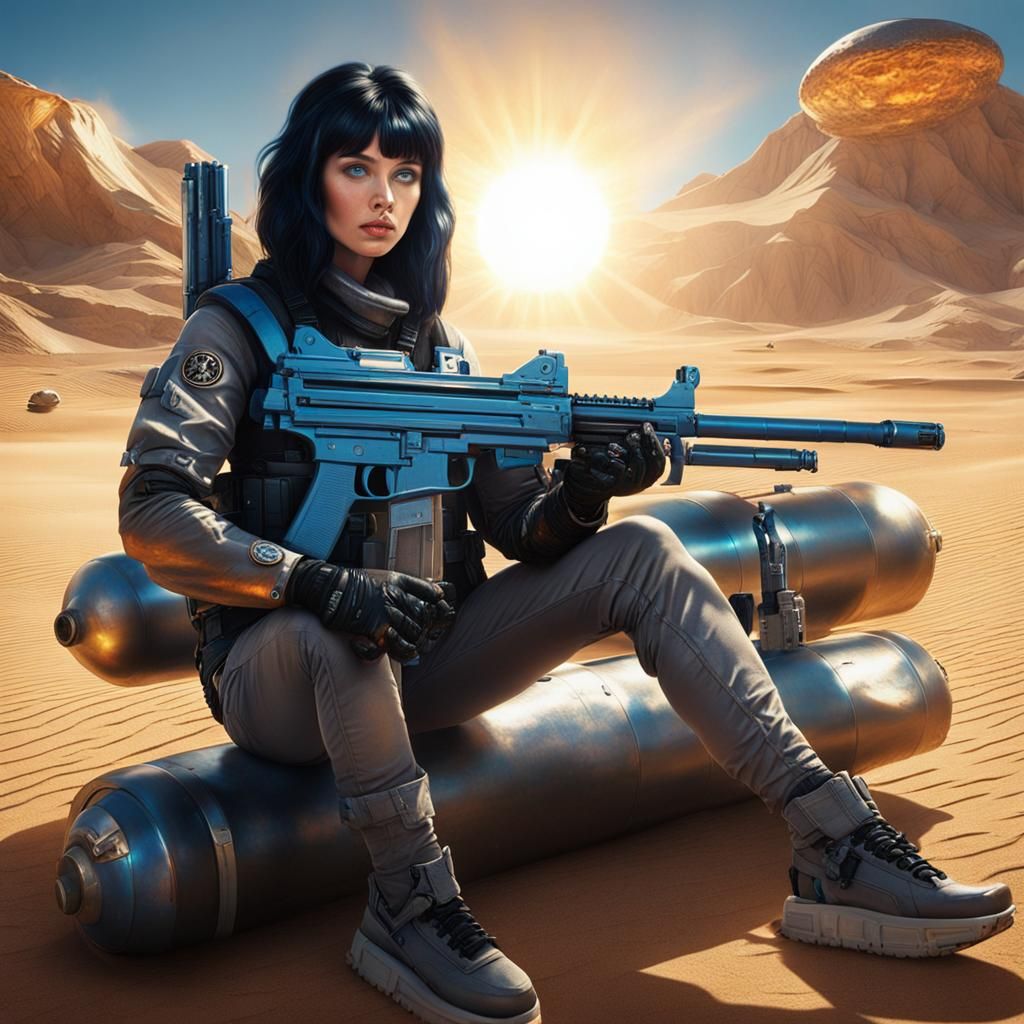 Woman with black hair blue eyes holding an Uzi sub machine g...