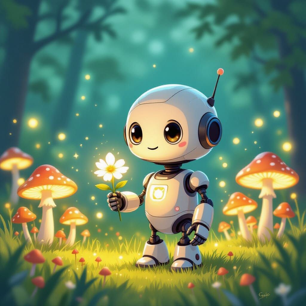 Whimsical Robot in Glowing Mushroom Field with Flower