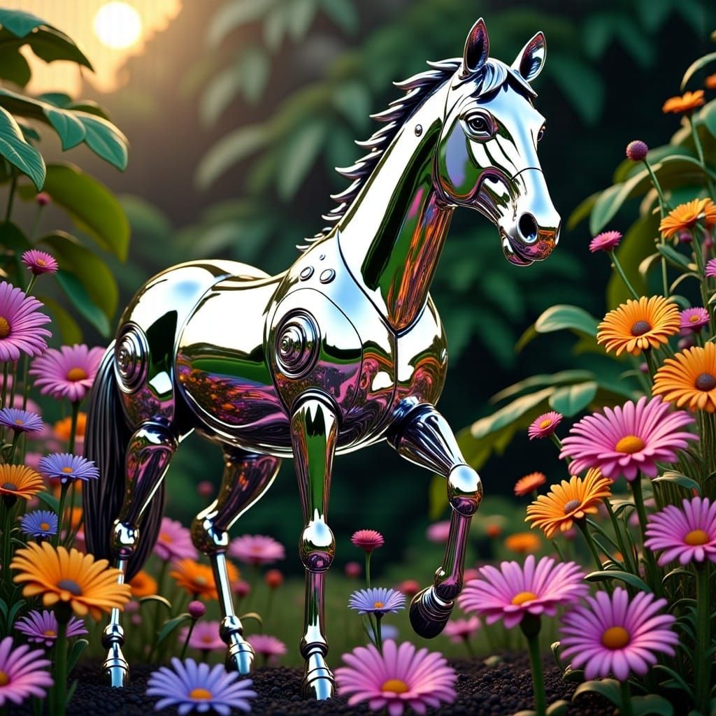 Robot zebra horse<lora:Flower Chrome Robots:1.0> Oil slick on flower chrome, in jungle