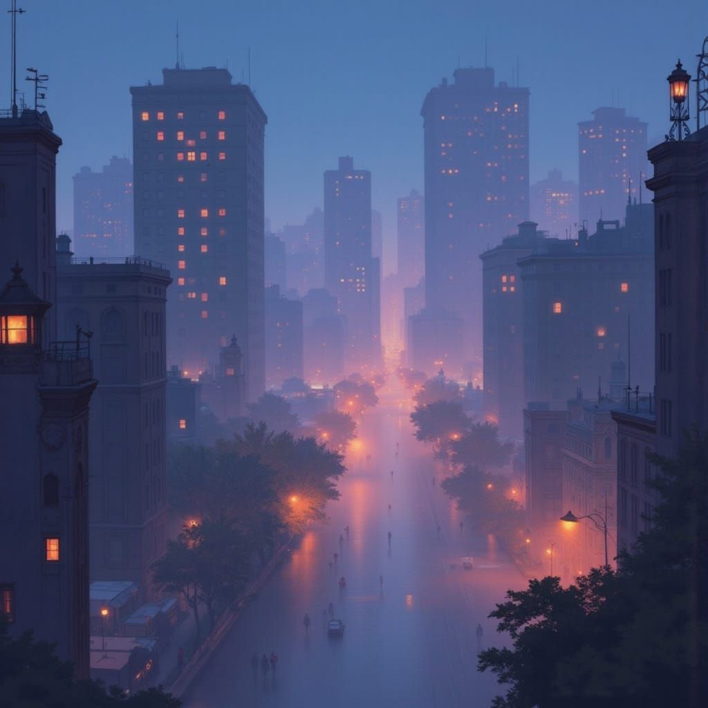 Dreamlike Cityscape at Dusk in Impressionist Style