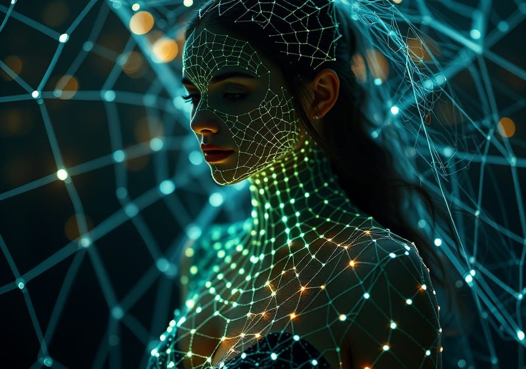 Incredible Biometric imagineer, beautiful woman, spider web dress, bioluminescent threads,  by @Hugo Raul