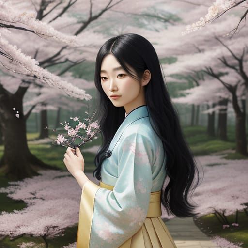 Whimsical Korean Beauty in a Cherry Blossom Forest