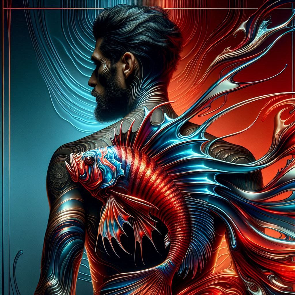 Photorealistic silhouetted man with a Lionfish tattoo 2