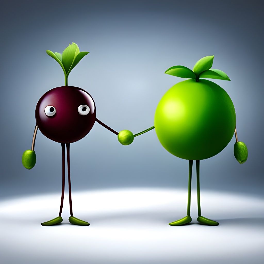 a cartoon black currant with a face hands and legs, holding hands with a cartoon lime with a face arms and legs